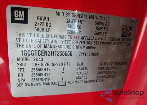 2017 Chevrolet Colorado Lt из США, поврежденный, VIN 1GCGTCEN3H1255050